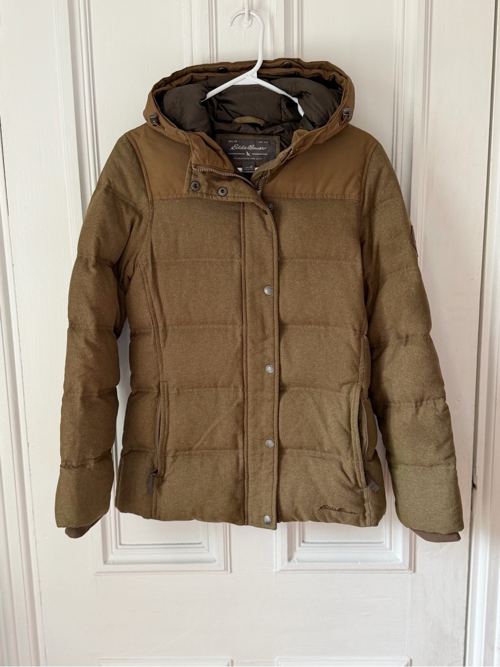 Women’s Eddie Bauer Brown Down Puffer Jacket Zip Front Hooded Size Medium